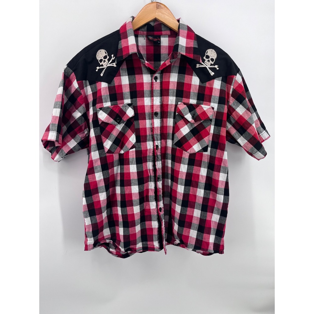 Rock Steady Mens Red Plaid Skull Embroidered Short Sleeve Medium Grunge 90's